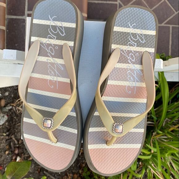 🩴BRIGHTON PLATFORM FLIP FLOP Shoes Sz 7 in peach/grey/cream.  Excellent Conditi - Picture 6 of 9